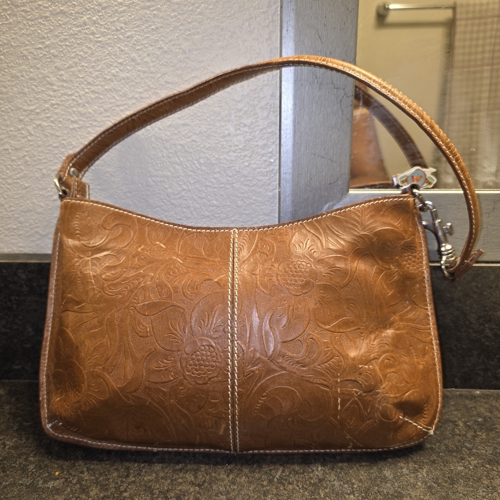 Vintage Harolds Genuine Leather Floral Embossed Brown Shoulder Bag Y2K